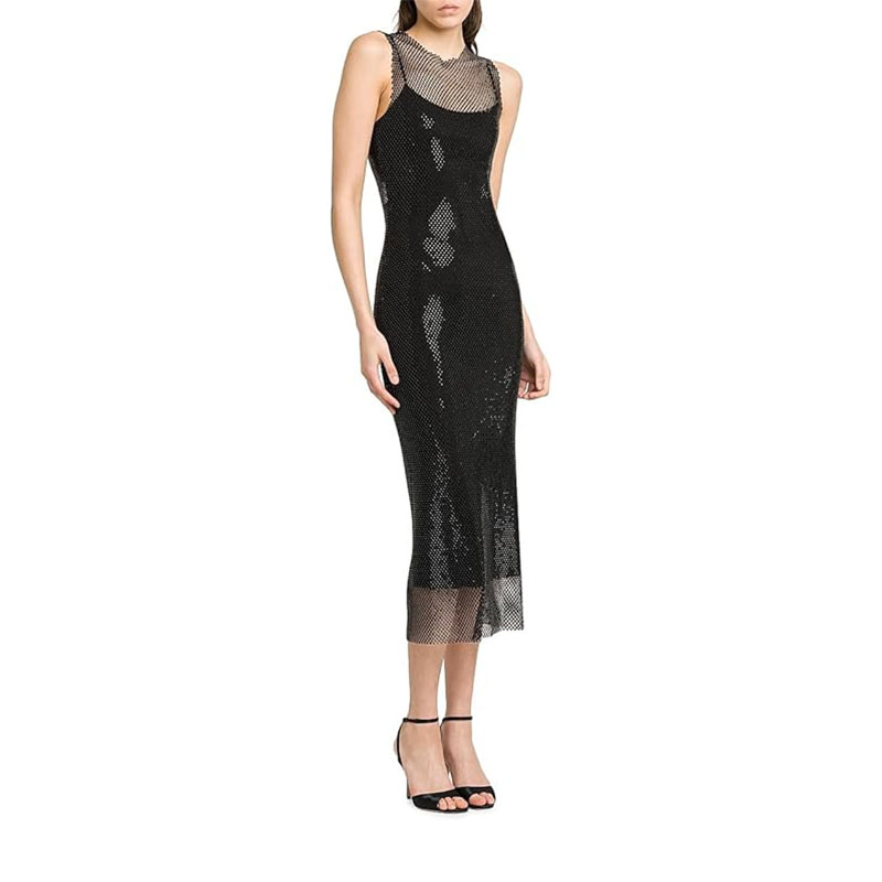 Alberta Ferretti Rhinestone Mesh Round-Neck Midi-Dress