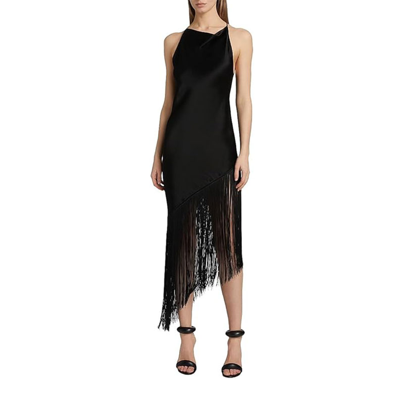 LaPointe Fringed Satin Cowlneck Midi-Dress