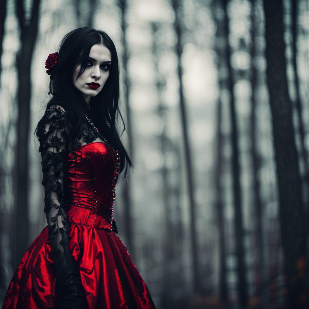 A woman in a red dress in a forest