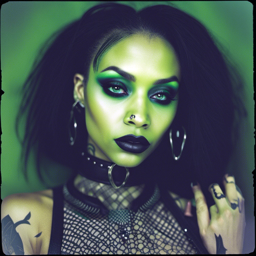A woman with green makeup and black lips