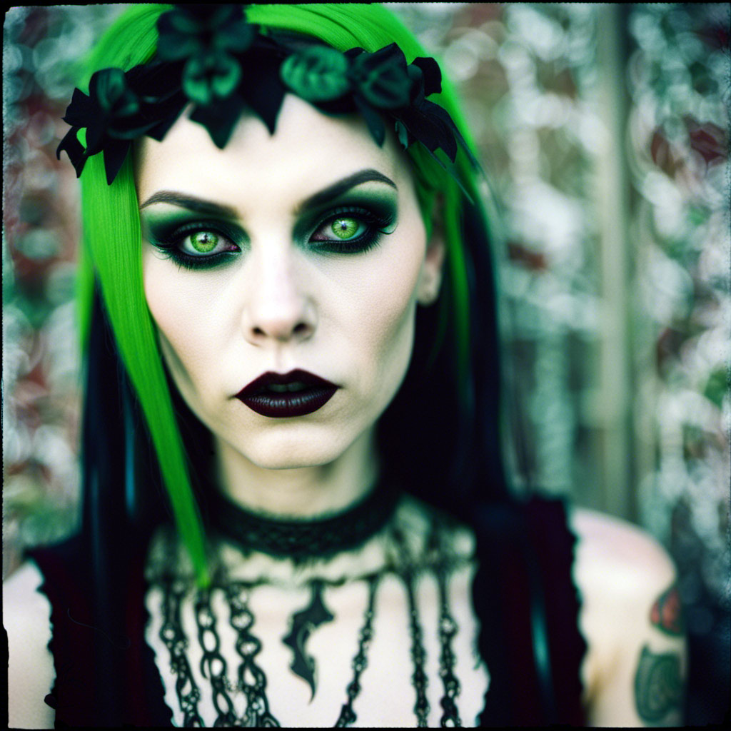 A woman with green hair and black lips