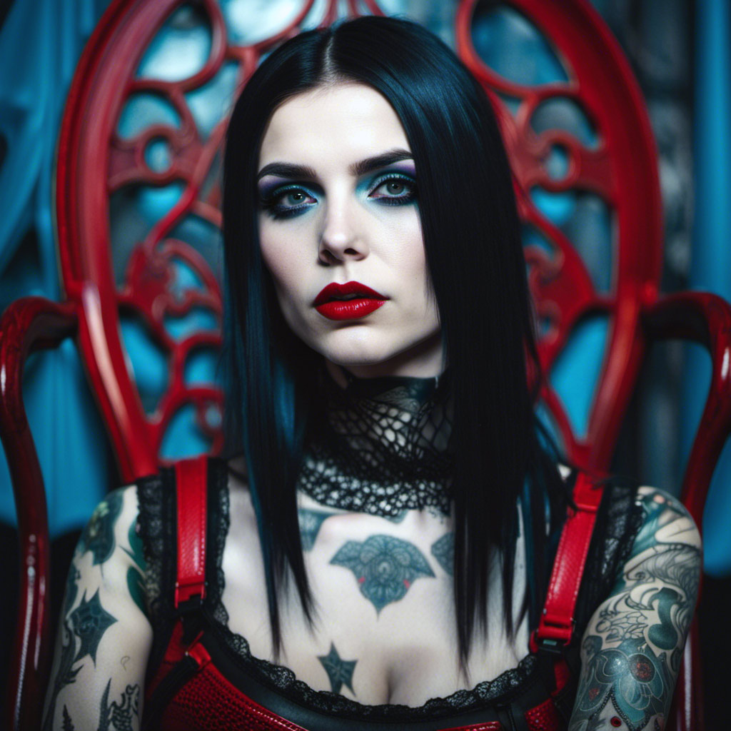 A woman with tattoos and red lips sitting in a red chair