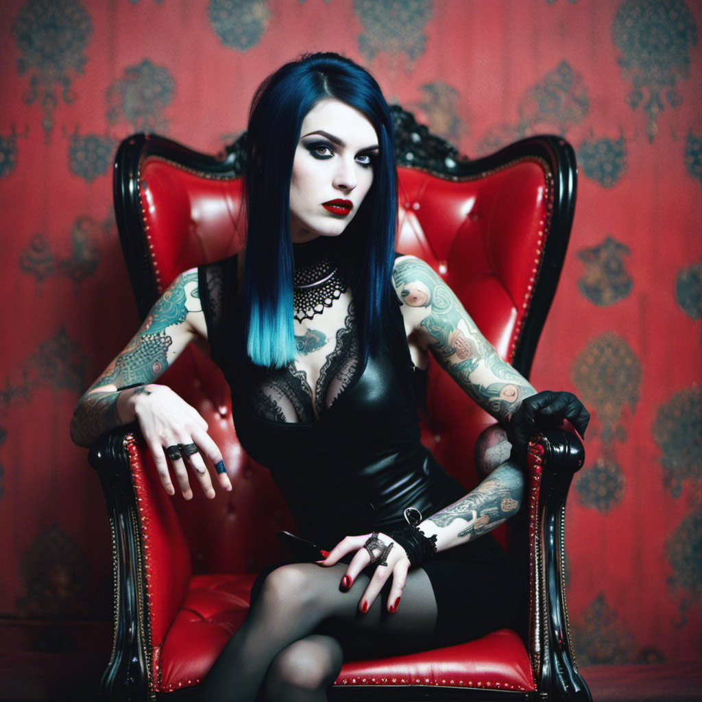 A woman with blue hair and tattoos sitting in a red chair