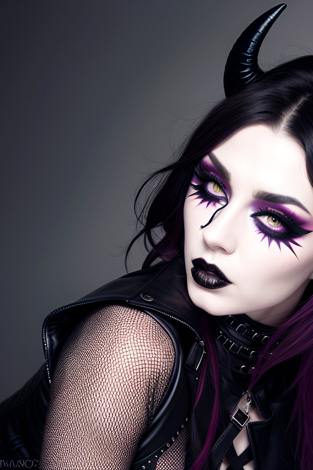 A horned woman with purple hair and black makeup