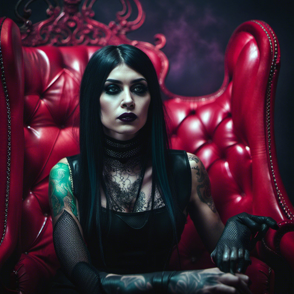A goth woman sitting in a red chair