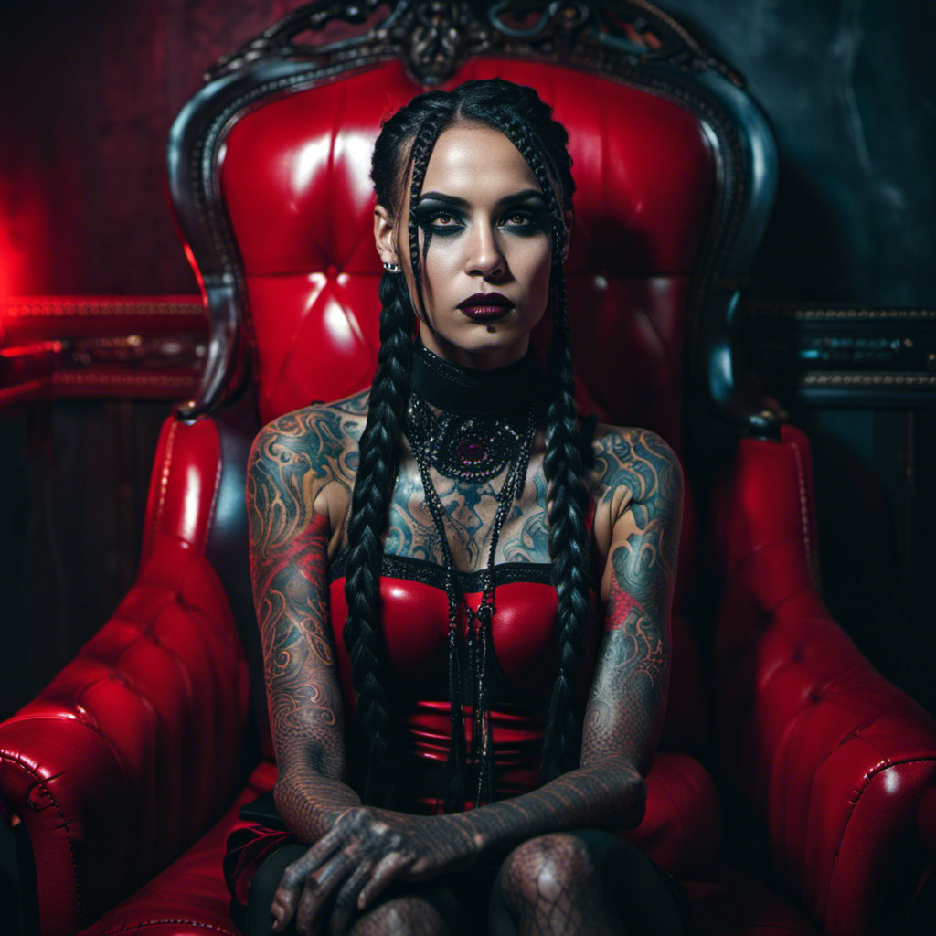A woman with tattoos and braids in a red chair