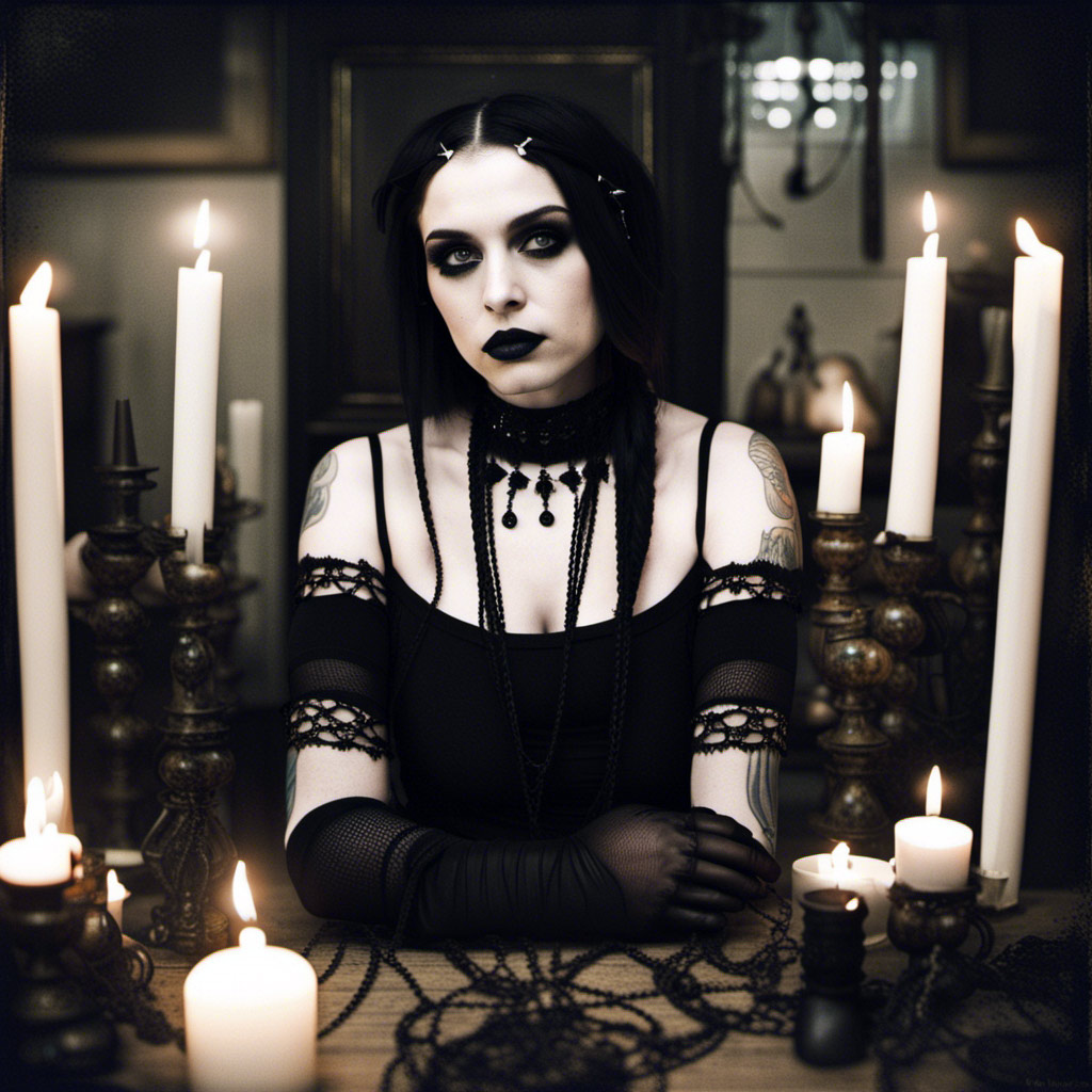 A goth woman sitting at a table with candles