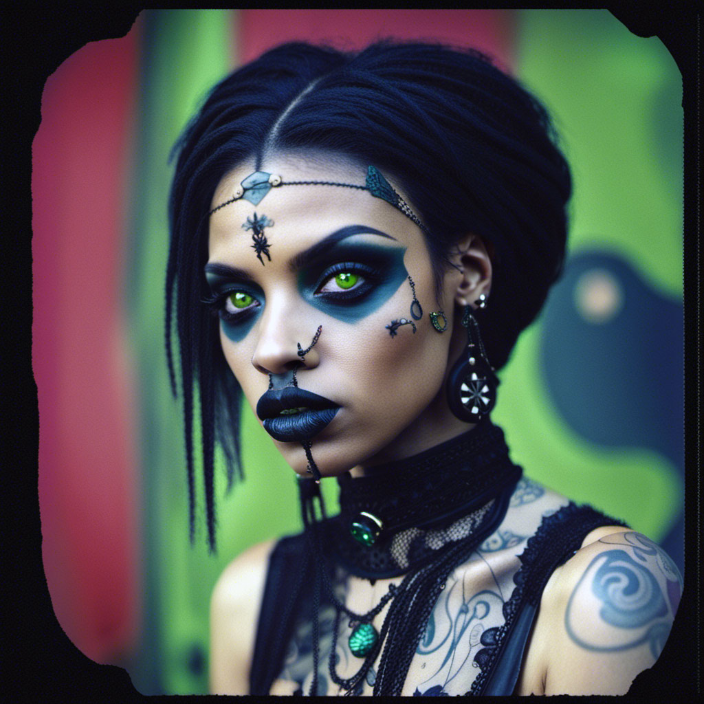 A woman with black makeup and green eyes