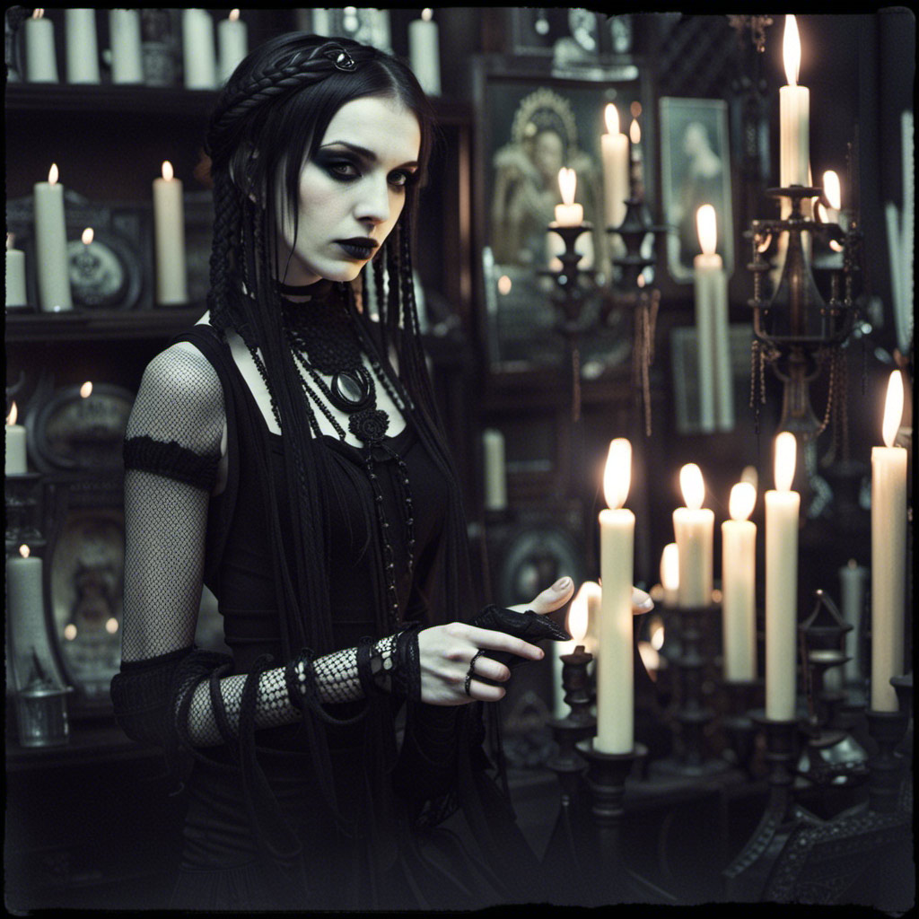 A woman in black dress in front of candles