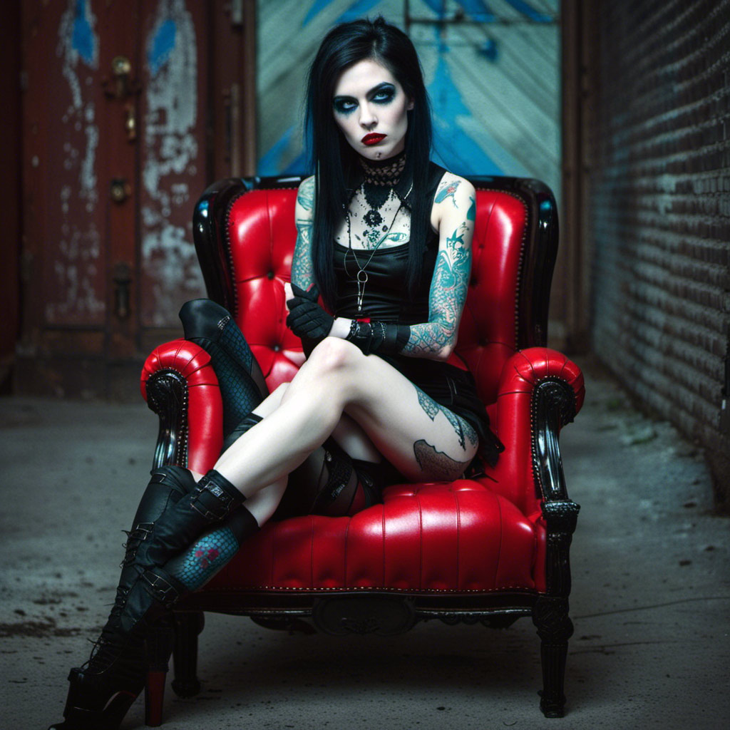 A tattooed woman sitting on a red chair