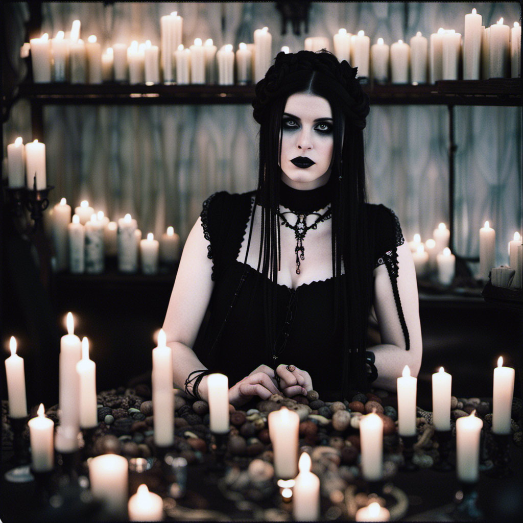 A woman in black dress sitting at a table with candles