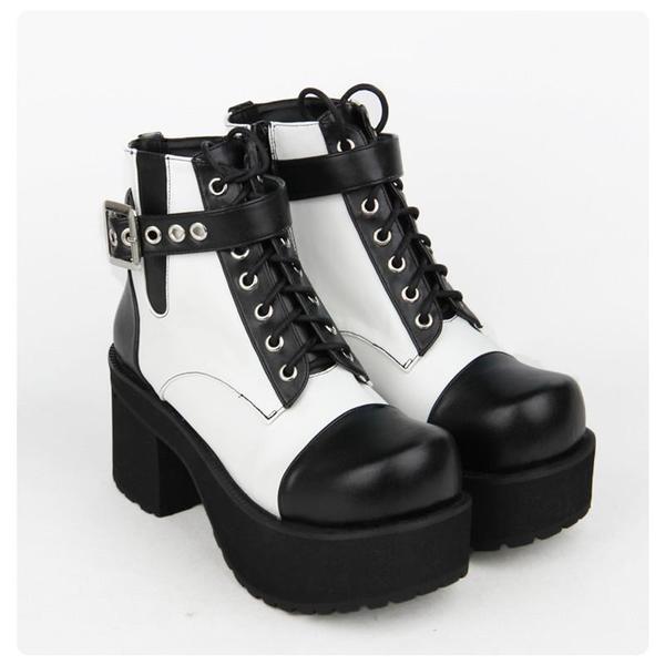 8cm block black and white buckle heel gothic boots white
