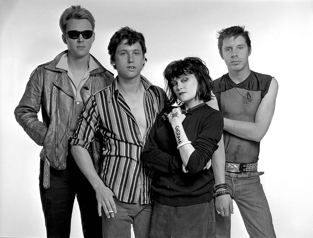 Billy Zoom, D.J. Bonebrake, Xene, and John Doe of the band X on October 28, 1979