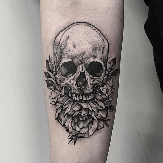Thomas Bates tattoo - Skull with peony and small blossoms. Thankyou Sarah! #skull #tattoo #etching #gothic #fineline #blackwork #blackworkerssubmission #btattooing #dotwork #flowers