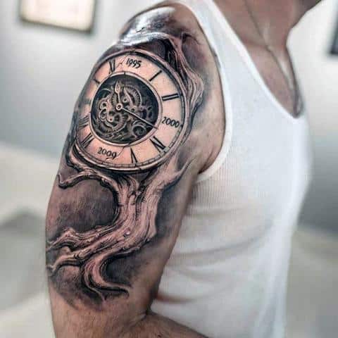 clock and tree branch steampunk tattoo mens arm