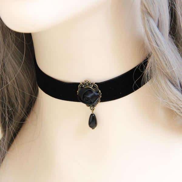 womens black rose collar choker pendants