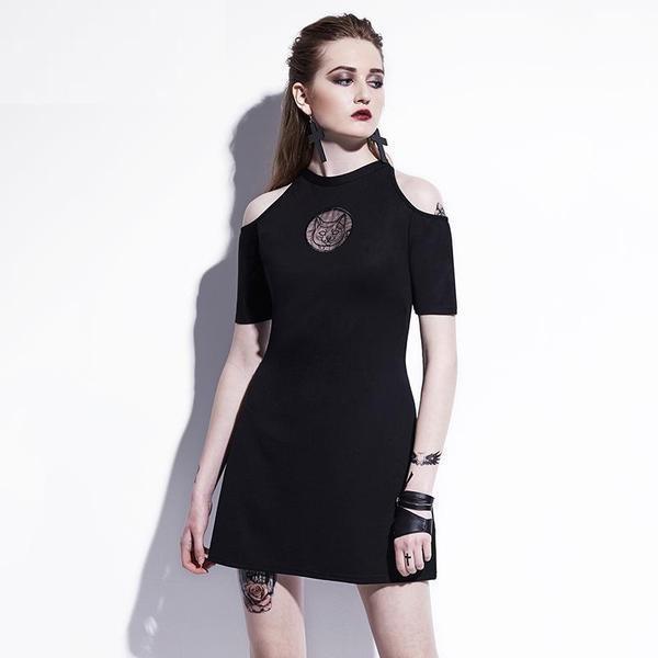 Bare-Shoulder Gothic Kitty Print Dress - The Black Ravens