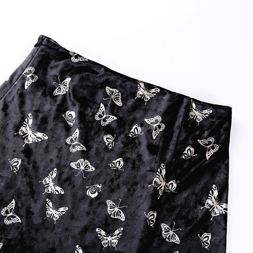 Butterfly Print Ladies Black Velvet Mini Skirt - The Black Ravens