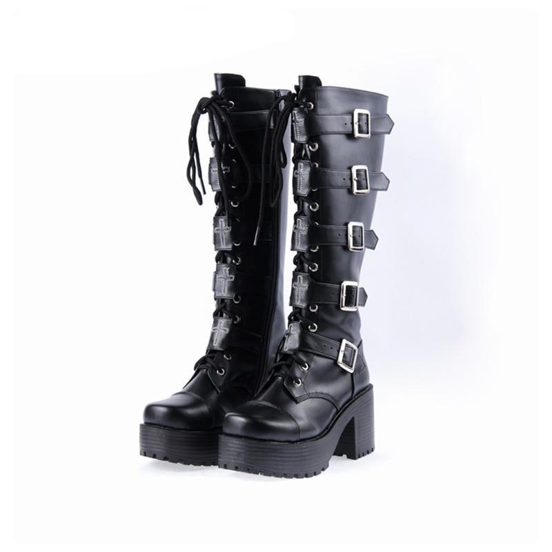 Chunky Gothic Buckle Platform Boots - The Black Ravens