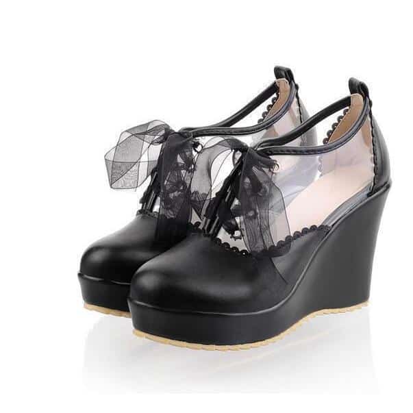 Cute Lace Up Leather Lolita Wedges - The Black Ravens