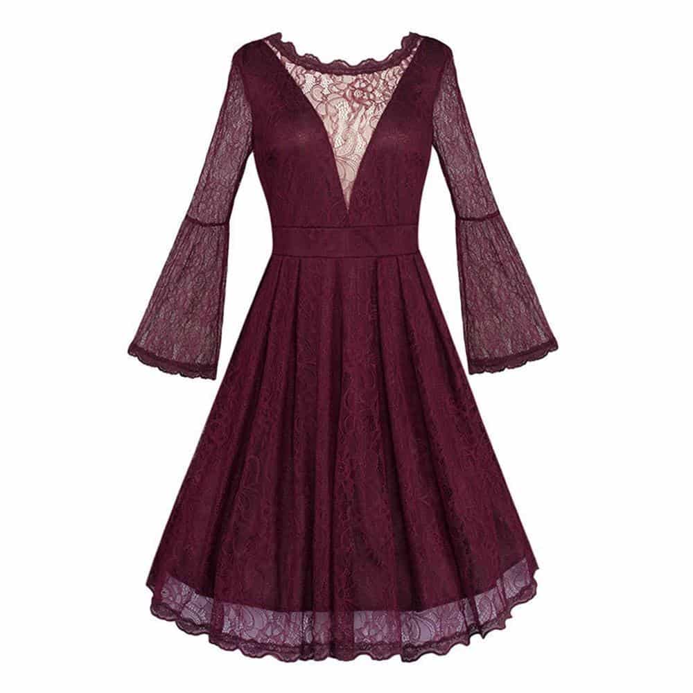 Elegant Retro Style Burgundy Dress - The Black Ravens