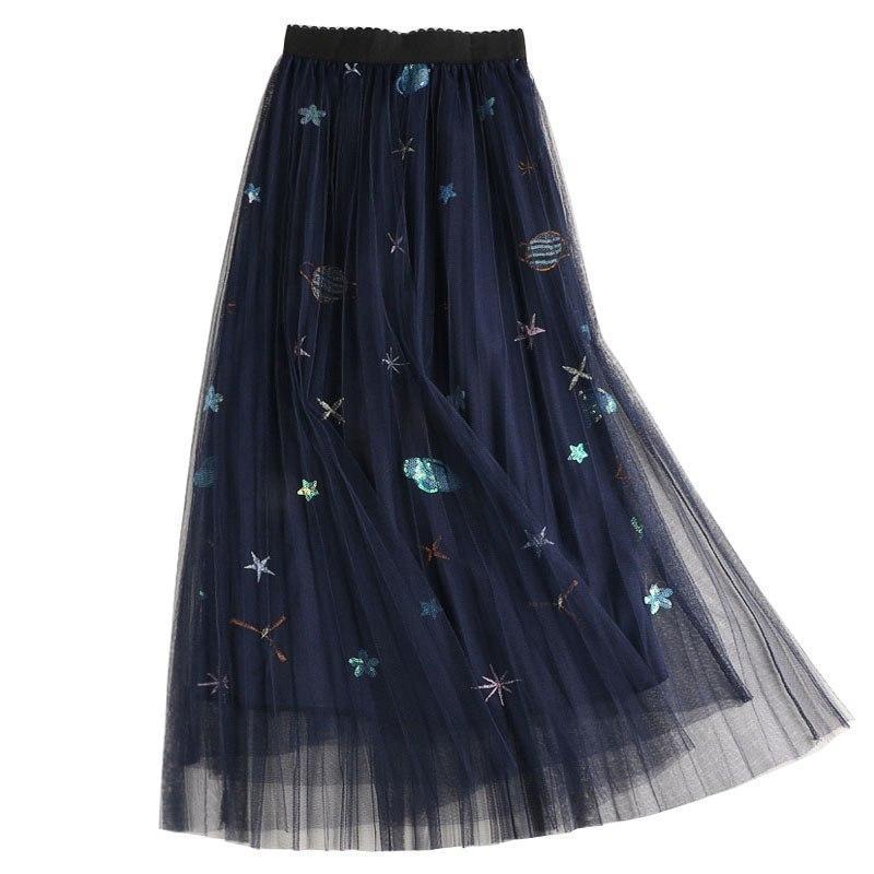 Embroidered Pleated Mesh Ladies Long Skirt - The Black Ravens