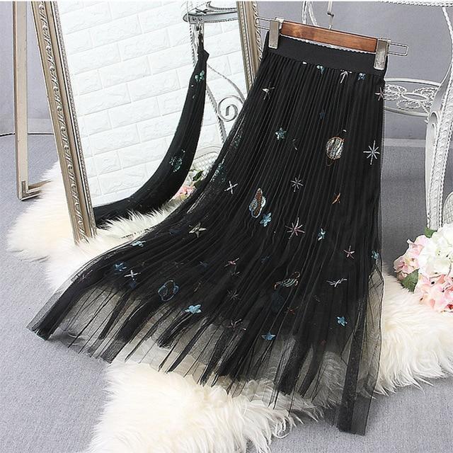 Embroidered Pleated Mesh Ladies Long Skirt - The Black Ravens
