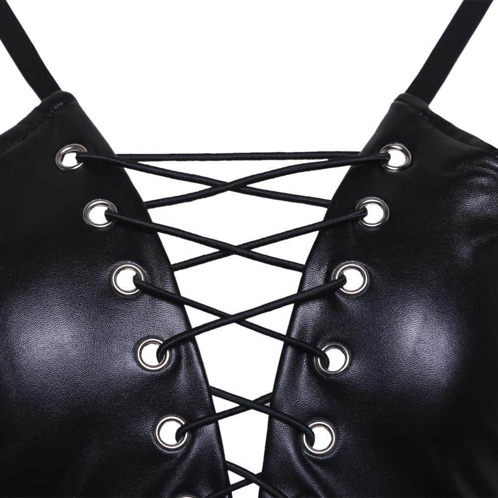 Gothic Faux Leather Lace-Up Mini Dress - The Black Ravens