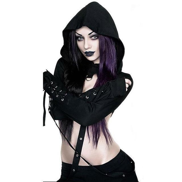 Gothic Hooded Full-Sleeve Crop Top - The Black Ravens