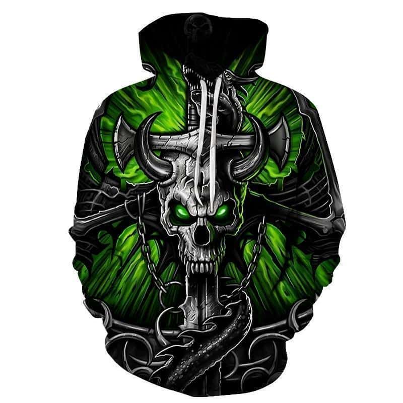 Green Horned Skull and Axe Casual Sweatshirt - The Black Ravens