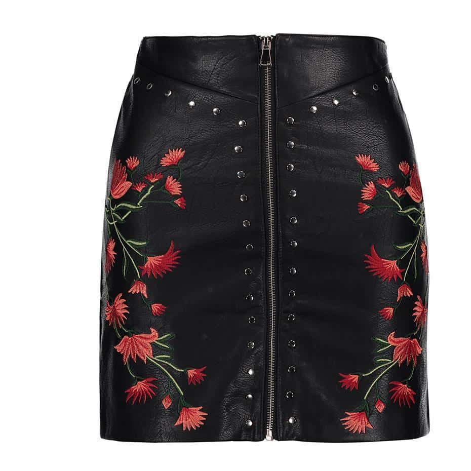 Hot Red Flower Embroidery Leather Mini Skirt - The Black Ravens