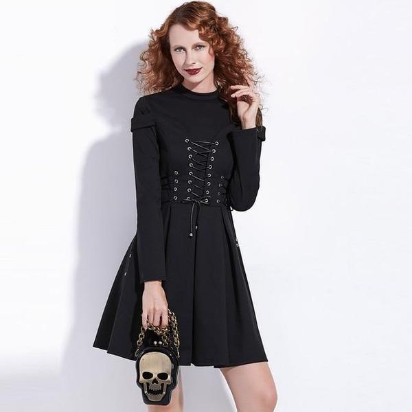 Lace-Up Bandage Gothic Dress - The Black Ravens