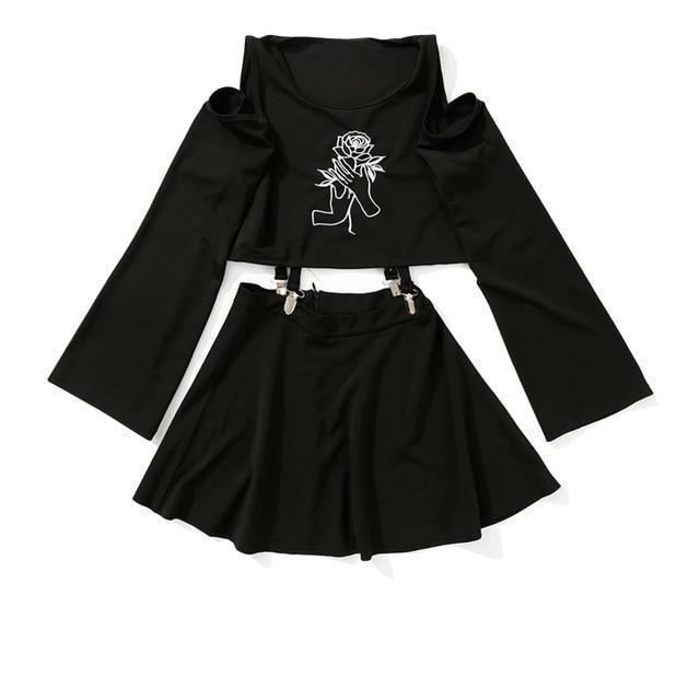 Ladies Gothic Buckle Connect Top and Skirt Set - The Black Ravens