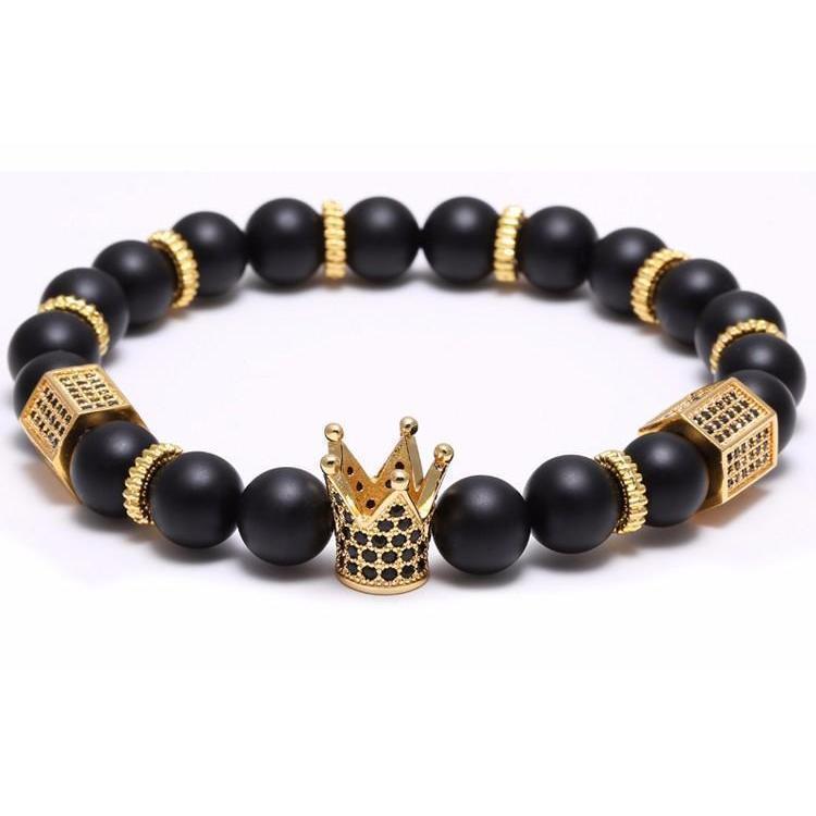 Mens Black Zirconia Gold Crown Charm Bracelet - The Black Ravens