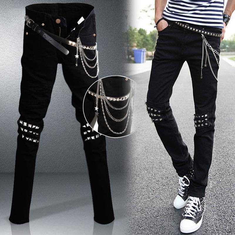 Men`s Punk Style Gothic Jeans With A Chain - The Black Ravens