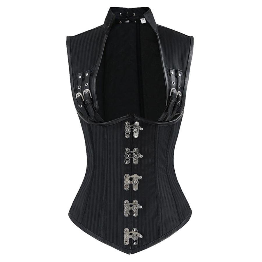 Open Bust Black Buckle Striped Corsets For Women - The Black Ravens