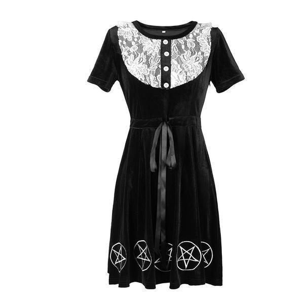 Pentagram Print Gothic Lace Bust Dress - The Black Ravens