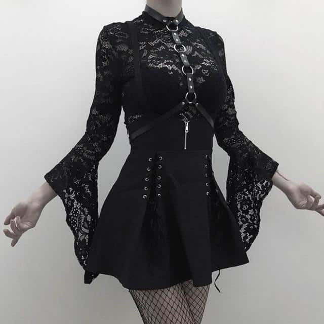 Unique Black Lace-up Zippered Pleated Skirt - The Black Ravens