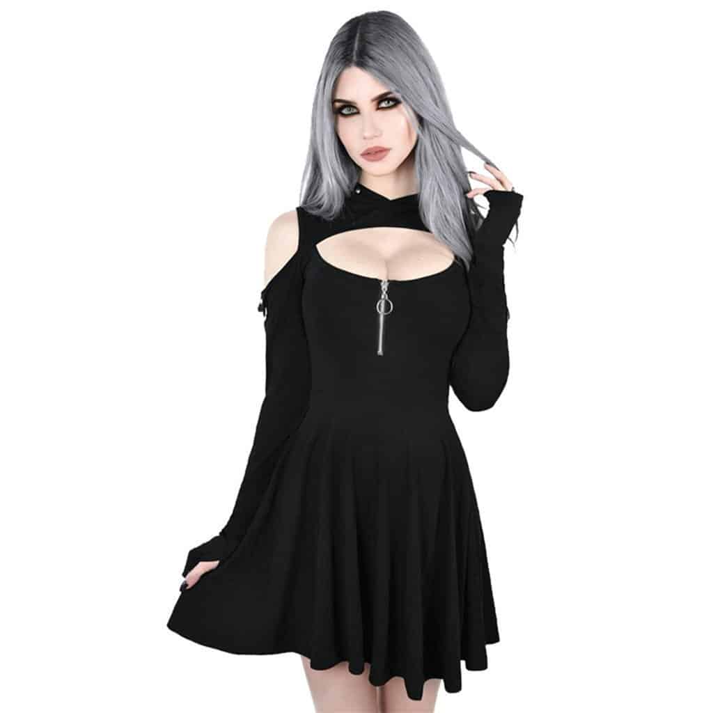 Gothic Hooded Low Cut Mini Dress - The Black Ravens