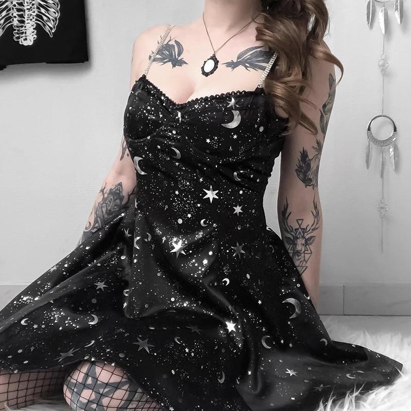 Sexy Star Moon Print Gothic Dress - The Black Ravens