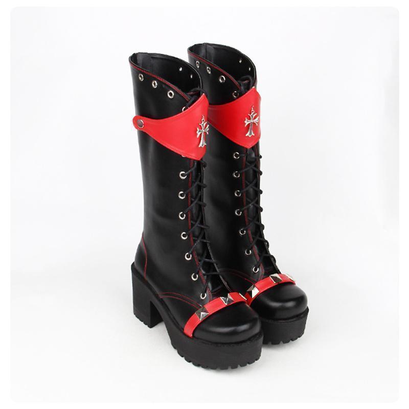 Punk Rocker Leather Black and Red Lolita Boots - The Black Ravens