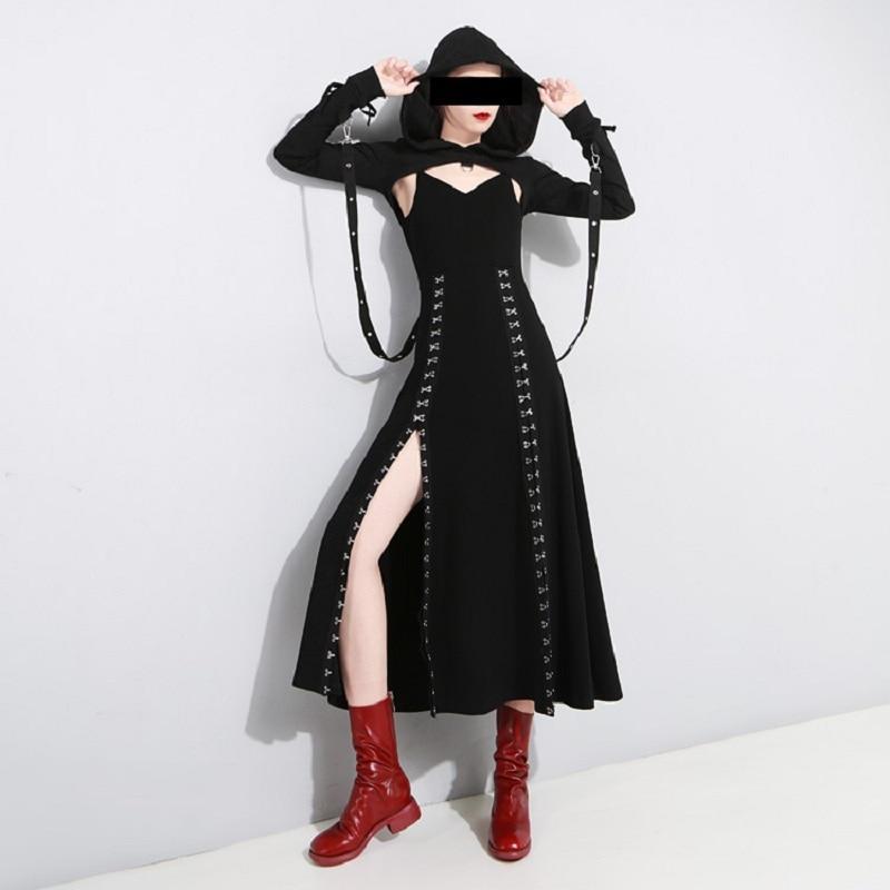 Sexy Gothic Metal Hook Slit Long Dress - The Black Ravens