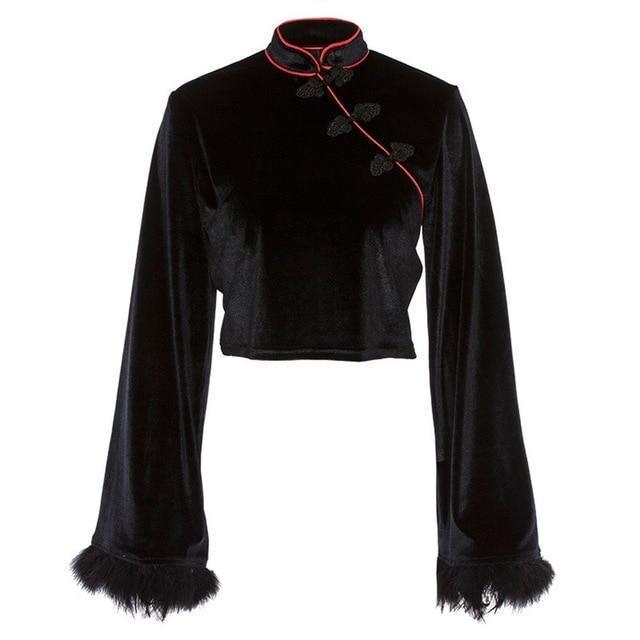 Velvet Chinese Flare Sleeves Crop Top - The Black Ravens