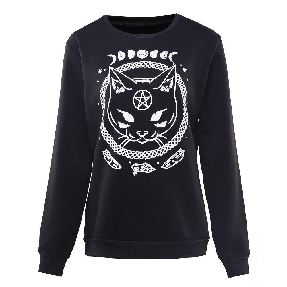 Witch's Cat and Moon Phase Black Pullover - The Black Ravens