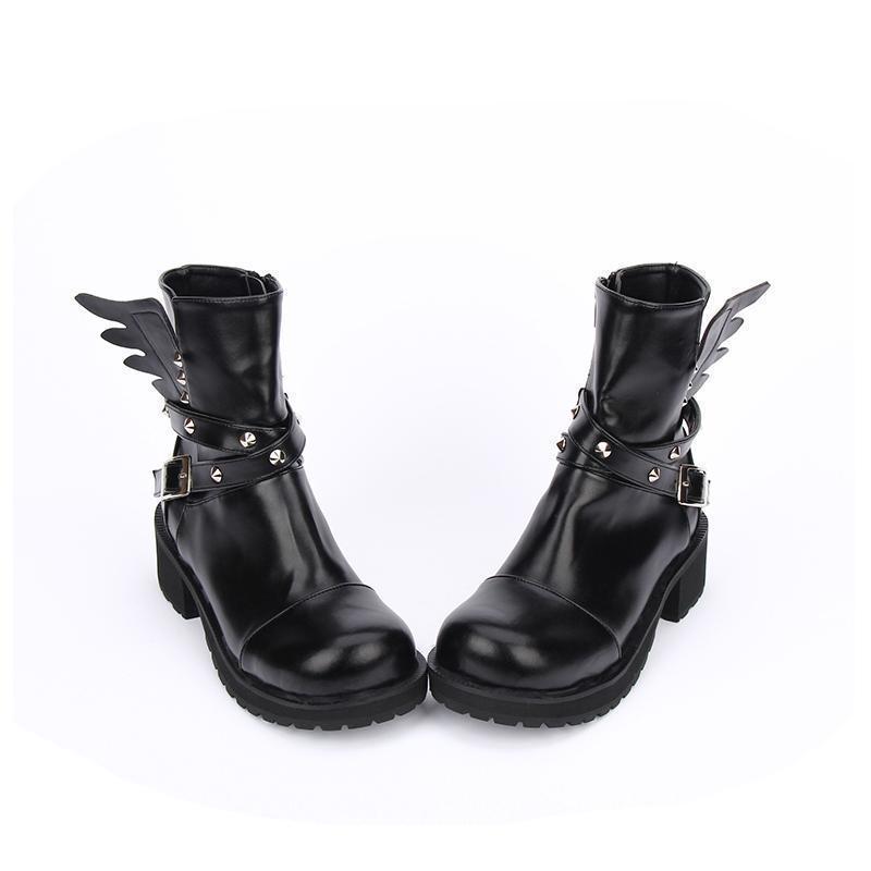 Women's Rivet Buckle Boots Strap With Wings - The Black Ravens